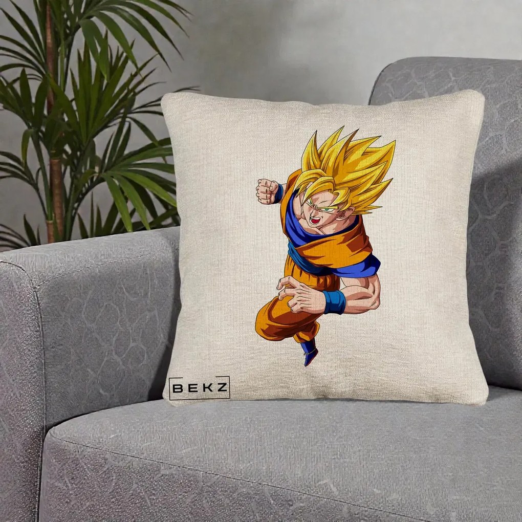 Perna Personalizata Dragon Ball Goku Super Saiyan 2 Lupta, 40x40 cm, Bej Canapea, Husa Detasabila, Perna Inclusa, BEKZ®