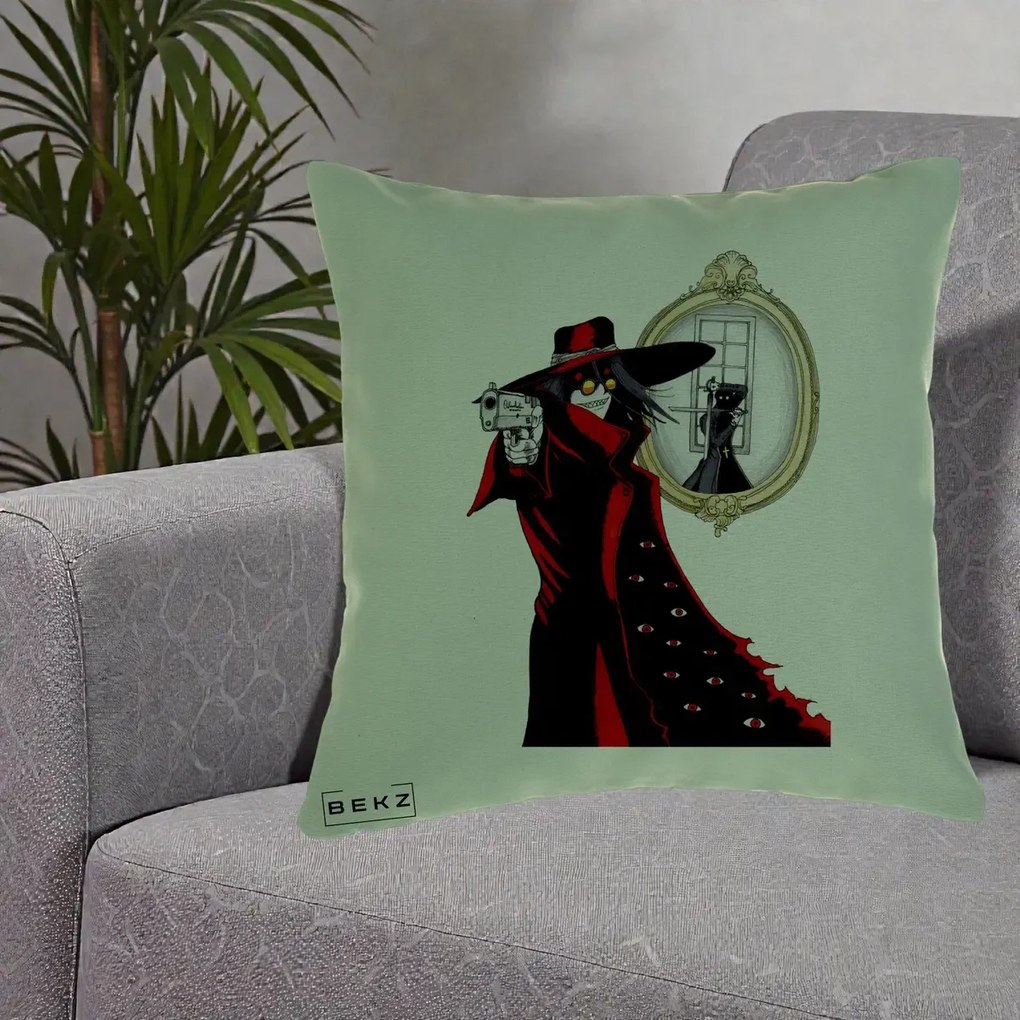 Perna Personalizata Hellsing Alucard cu Pistoale, 40x40 cm, Verde, Husa Detasabila, Perna Inclusa, BEKZ®
