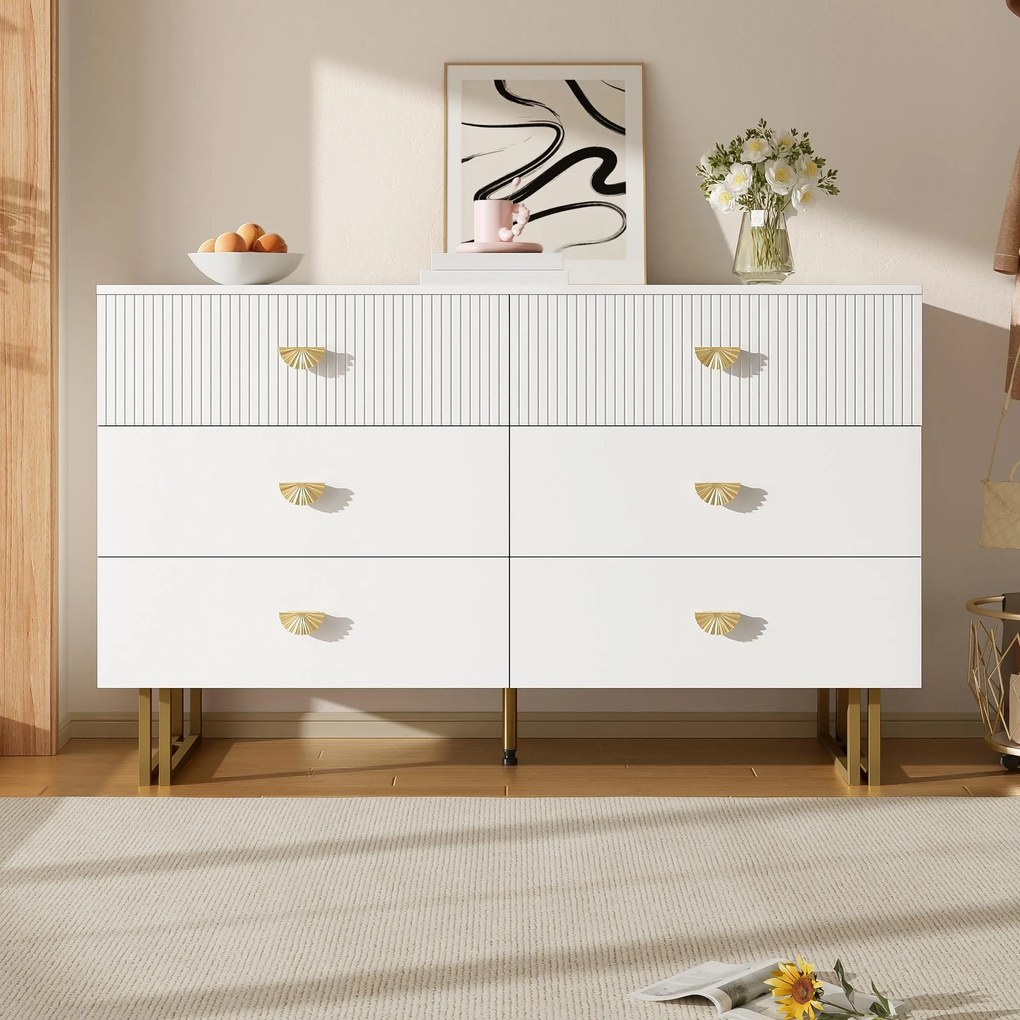 Comodă modernă cu 6 sertare, mânere tip evantai și picioare din oțel, mult spațiu de depozitare, 120x40x75 cm, Alb