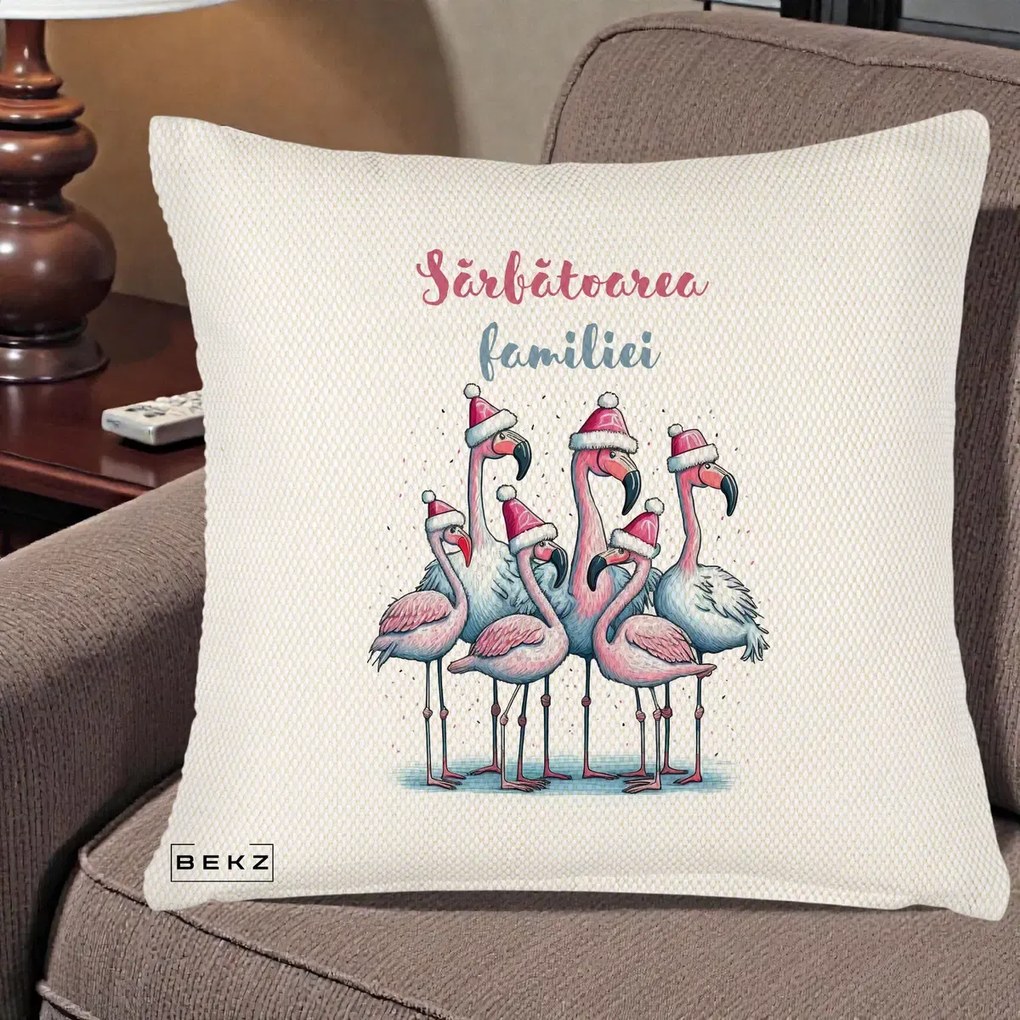Perna Decorativa Flamingo Craciun Sarbatoarea Familiei, 40x40 cm, Crem Reliefat, Husa Detasabila, Perna Inclusa, BEKZ®