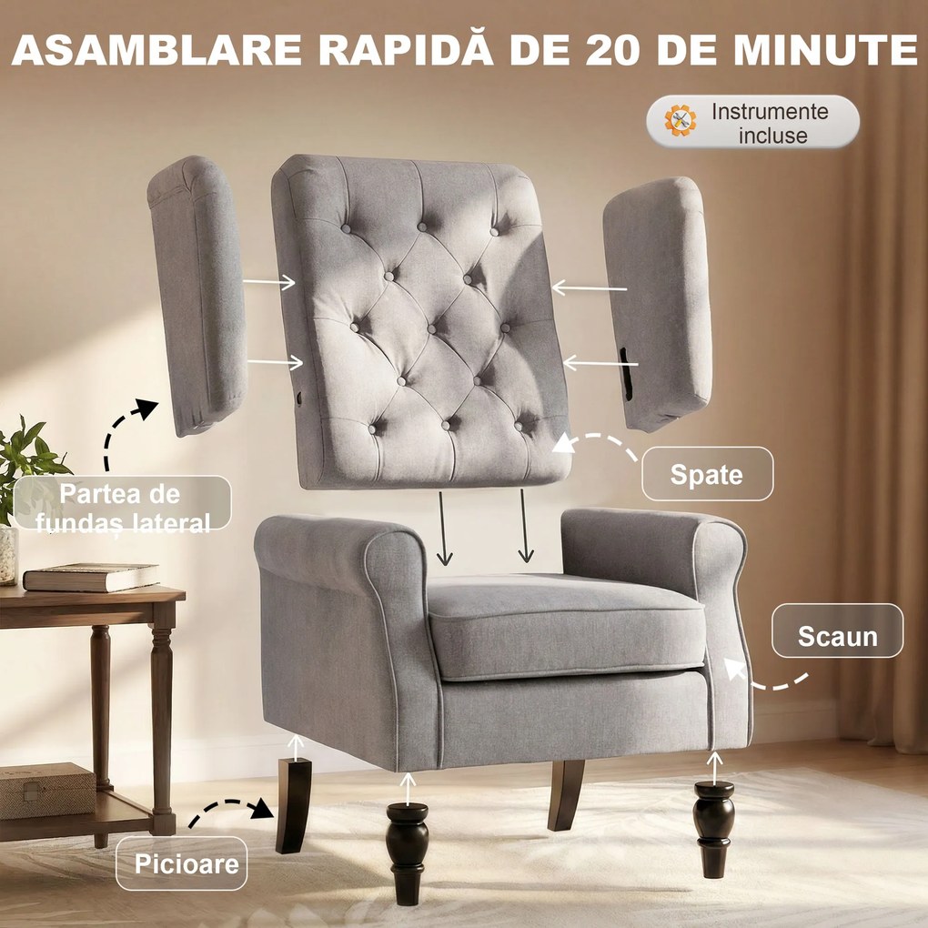 HOMCOM Fotoliu Chesterfield Gri, Confortabil, Comod și Spațiu Generos pentru Living, 74x86x102 cm | Aosom Romania