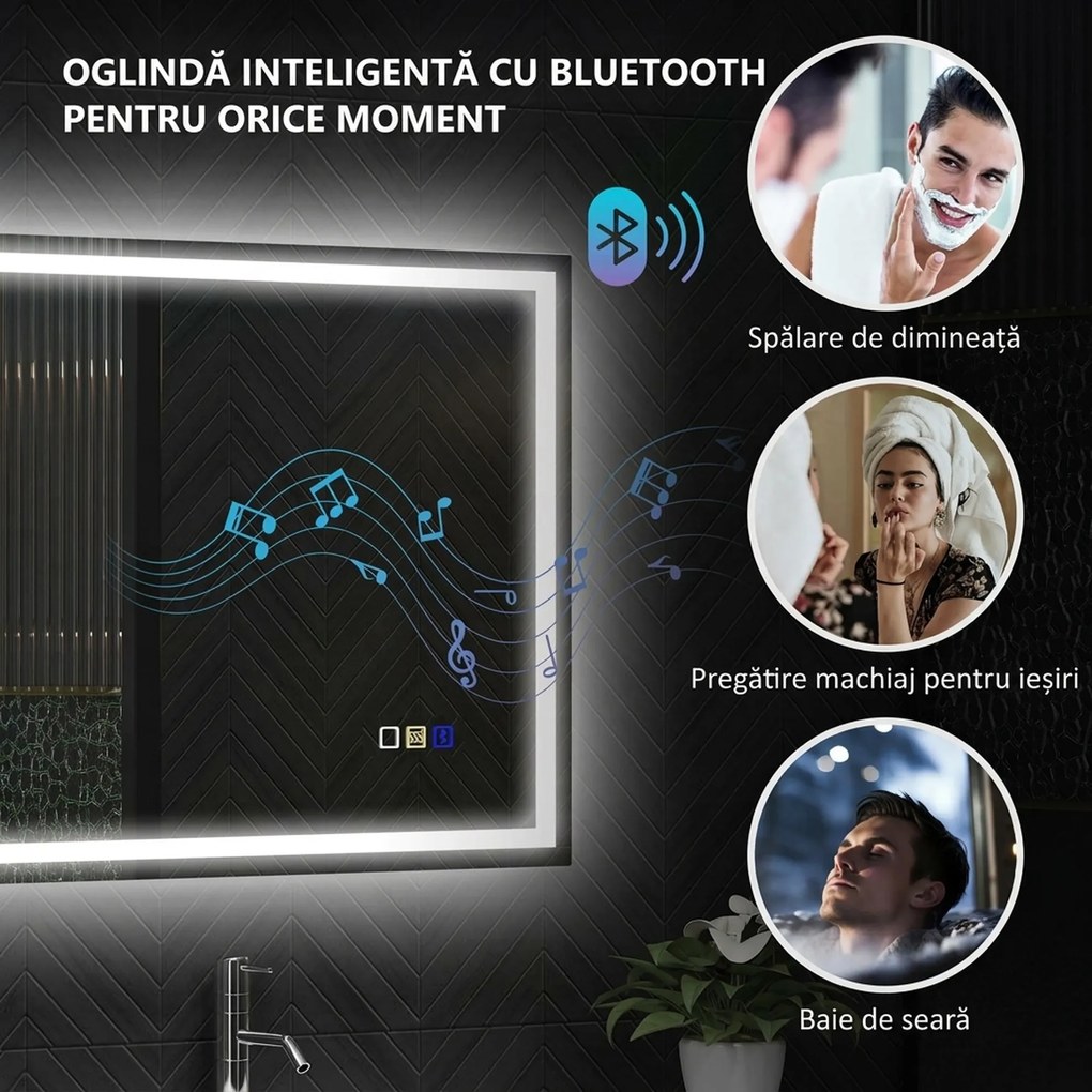 HOMCOM Oglindă Baie Bluetooth LED Antiabur Tactil | Aosom Romania