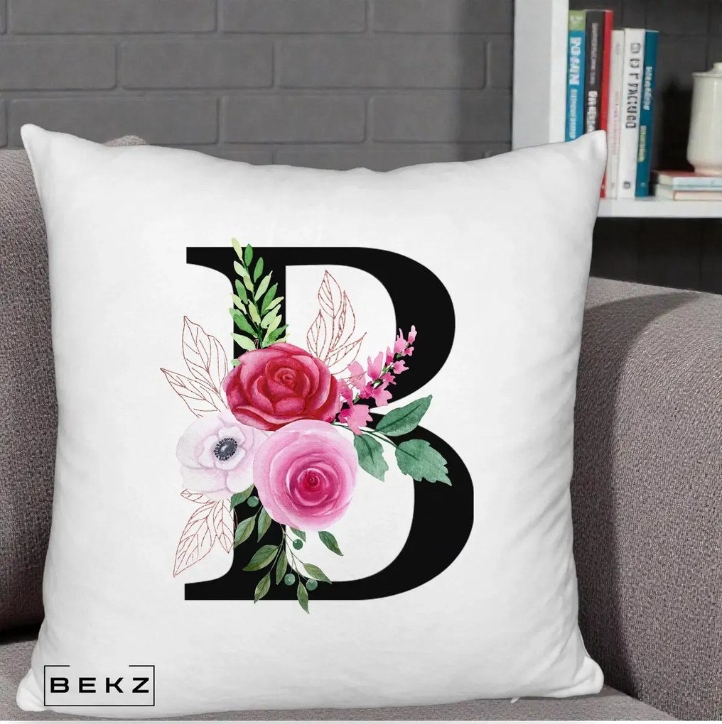 Cadou Personalizat - Perna Personalizata Monograma Florala Litera B, 40x40 cm, Alb Pufos, Husa Detasabila, Perna Inclusa, BEKZ®