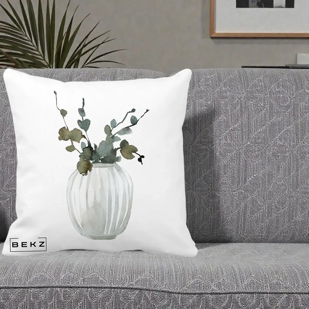 Perna Decorativa Vaza cu Eucalipt Watercolor, 40x40 cm, Alba Mata, Husa Detasabila, Perna Inclusa, BEKZ®