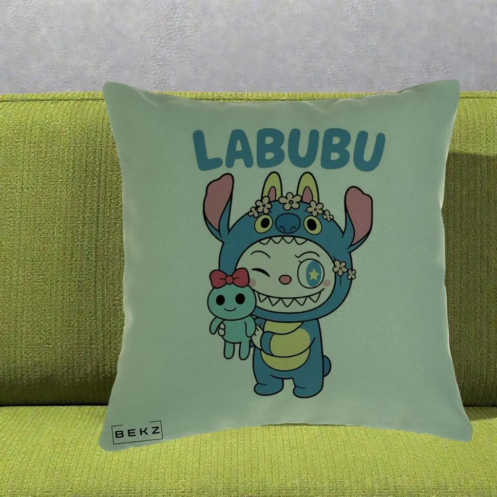 Perna Personalizata Labubu x Stitch cu Flori, 40x40 cm, Verde, Husa Detasabila, Perna Inclusa, BEKZ®
