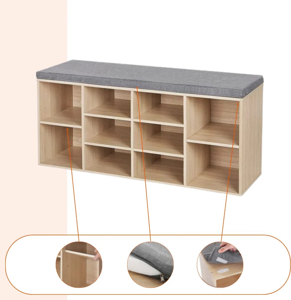 Pantofar cu bancă tapițată GABI, 10 compartimente, 104x30x48cm, gri/maro deschis Jurhan