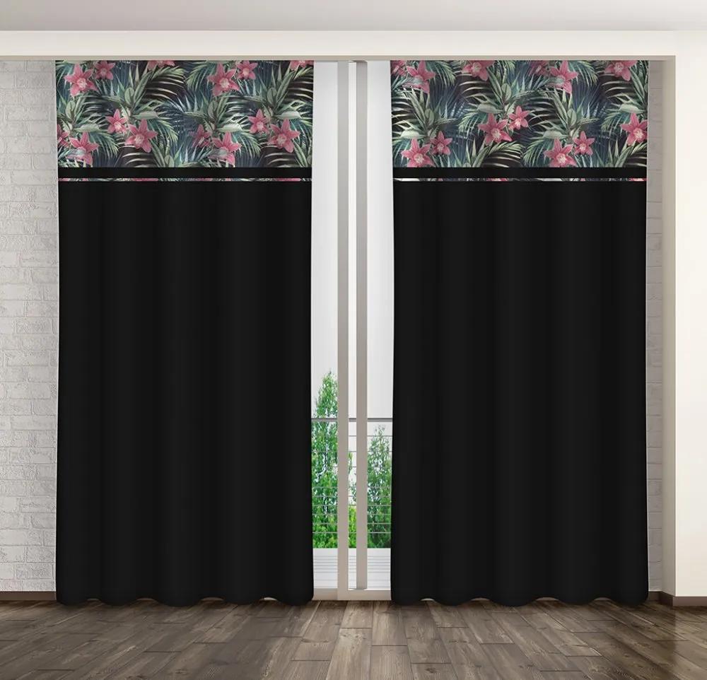 Perdea neagră originală, cu o bandă colorată de flori Lungime: 250 cm