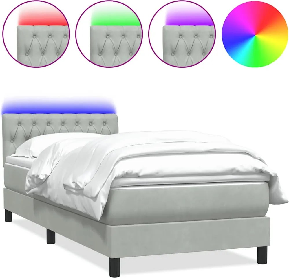 vidaXL Pat cu arcuri cu saltea și LED, gri deschis, 90x220 cm, catifea