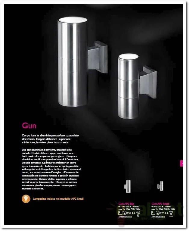 Aplica de perete exterior IP55 GUN AP2 BIG ALLUMINIO 033020