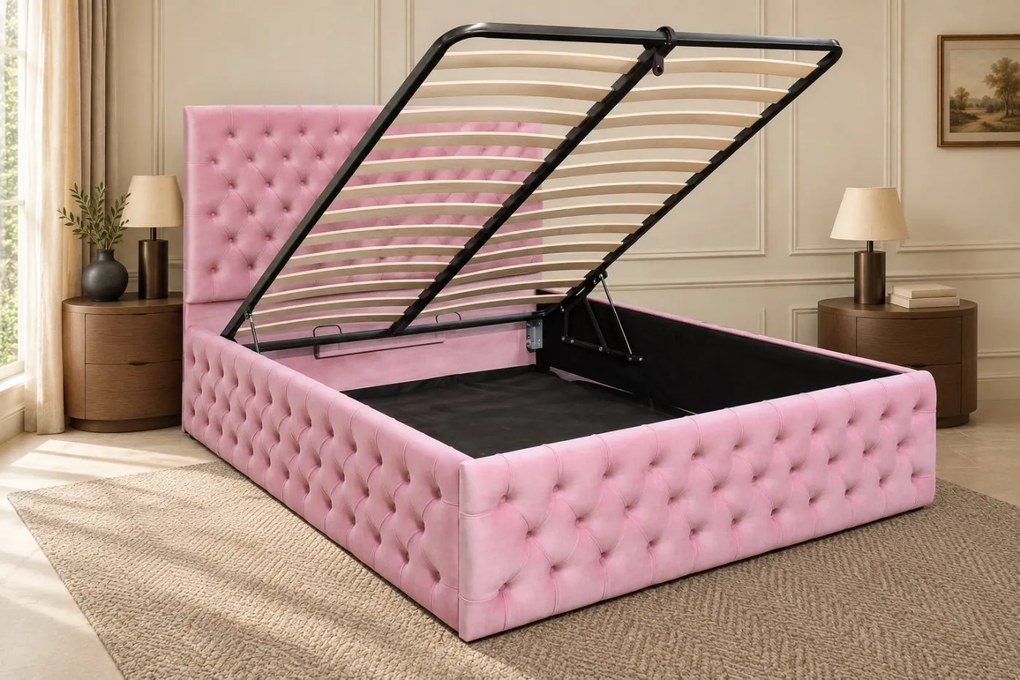 Pat tapițat Monza Deluxe 180×200 cm, roz, cu ladă de depozitare