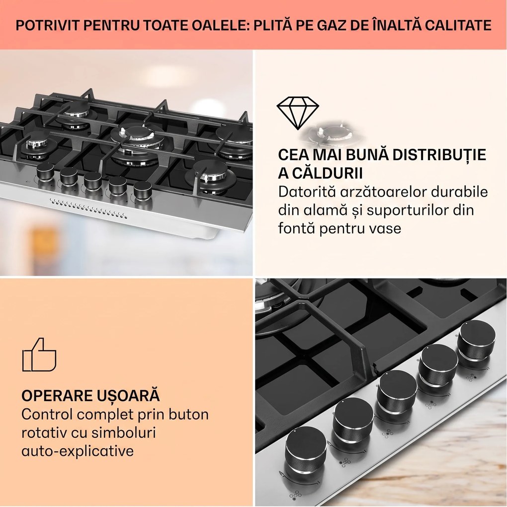 Klarstein Alchemist, plită pe gaz cu 5 zone, arzătoare din aluminiu, sticlă-ceramică, negru