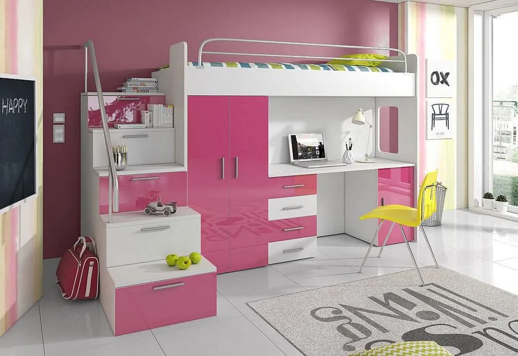 Supermobel Pat supraetajat pentru copii RAJ IVs COLOR, 80x200, orientare universale, alb/gri luciu