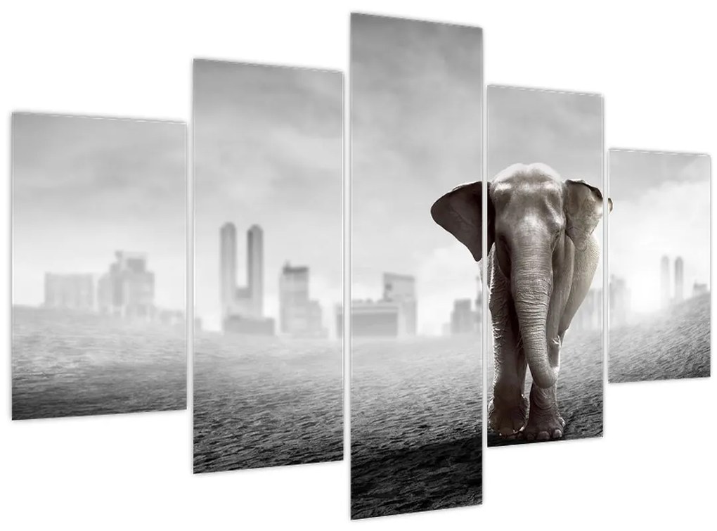 Tablou - Elefanți în oraș, versiunea alb-negru (150x105 cm)