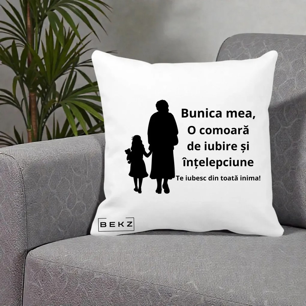 Cadou pentru Bunica - Perna Personalizata Bunica Mea Comoara Iubire Intelepciune Silueta, 40x40 cm, Alba Mata, Husa Detasabila, Perna Inclusa, BEKZ®