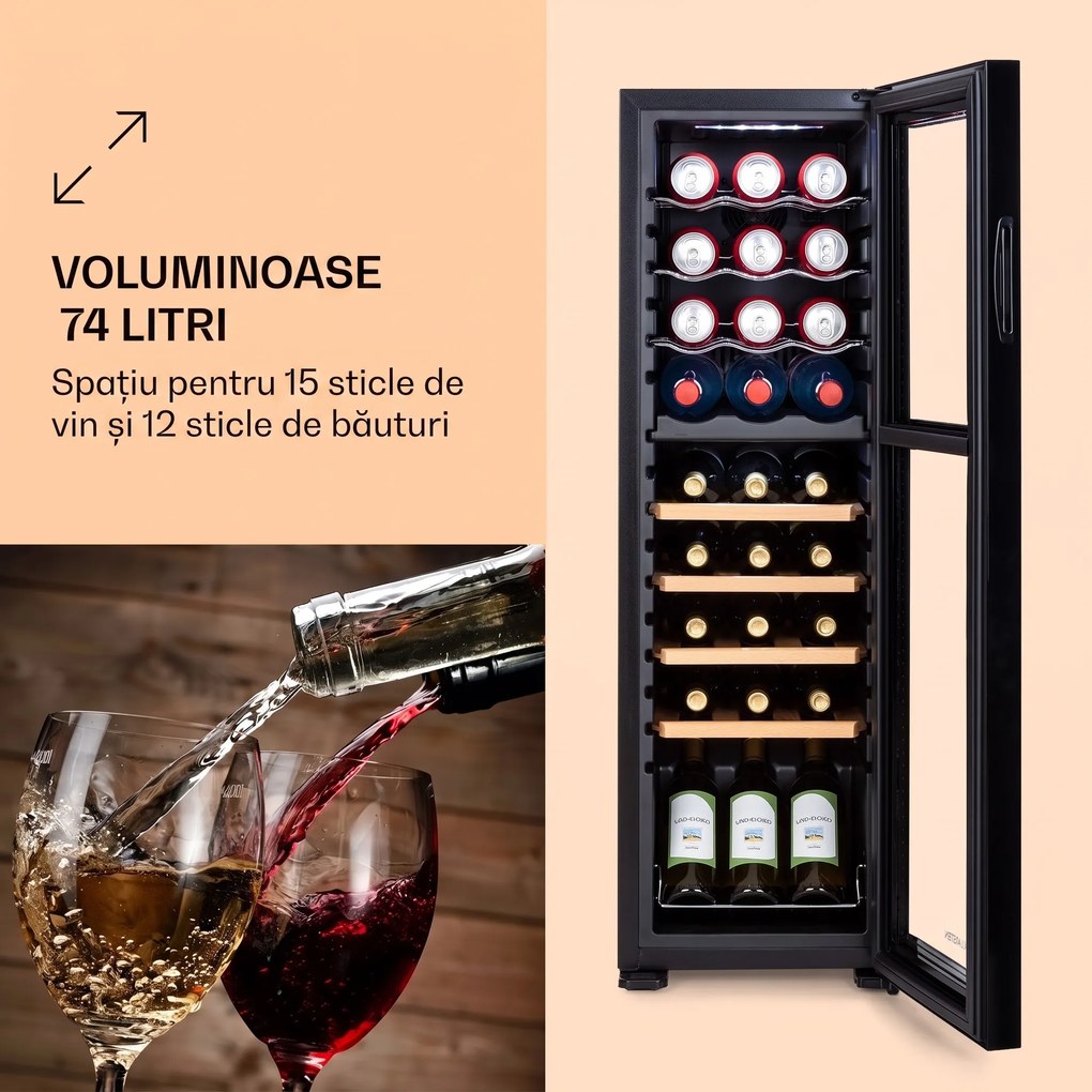 Klarstein Bovella 27 Duo +, frigider pentru vin cu două zone, 50l, 18 sticle, ușă din sticlă