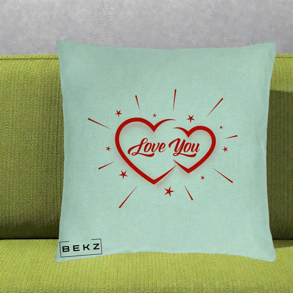 Cadou Romantic - Perna Personalizata Love You Doua Inimi, 40x40 cm, Verde Menta, Husa Detasabila, Perna Inclusa, BEKZ®