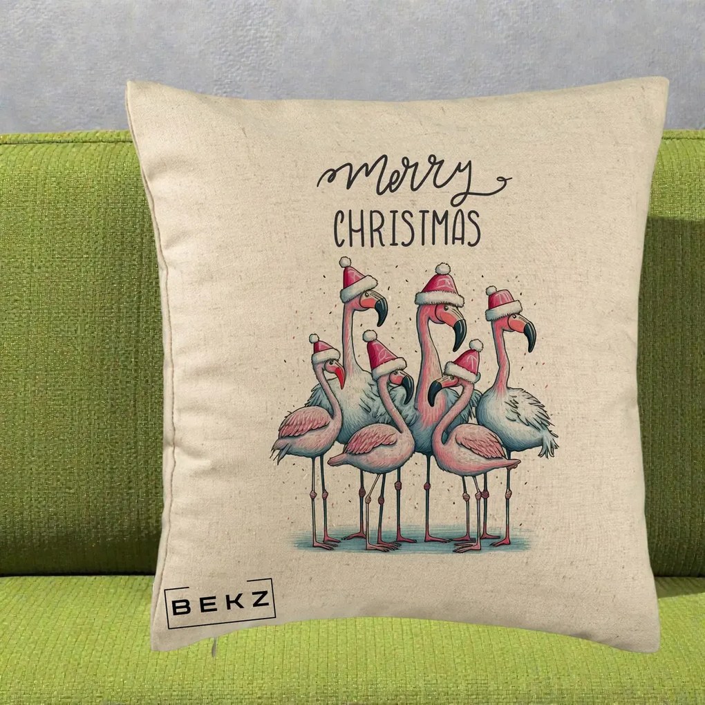 Perna Decorativa Flamingo Merry Christmas, 40x40 cm, Bej, Husa Detasabila, Perna Inclusa, BEKZ®