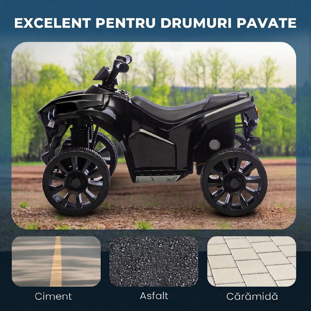 AIYAPLAY ATV Electric 6V pentru Copii, Vehicul cu 4 Roți cu Muzică și Faruri LED, pentru Vârste între 3-8 Ani, Negru | Aosom Romania