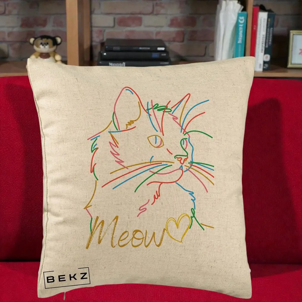 Perna Personalizata Pisica Meow Arta Linie Colorata, 40x40 cm, Bej, Husa Detasabila, Perna Inclusa, BEKZ®