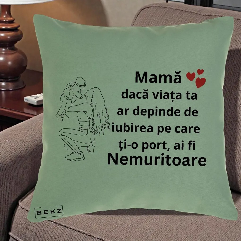 Cadou pentru Mama - Perna Personalizata Mama Nemuritoare Portret Graphic, 40x40 cm, Verde, Husa Detasabila, Perna Inclusa, BEKZ®