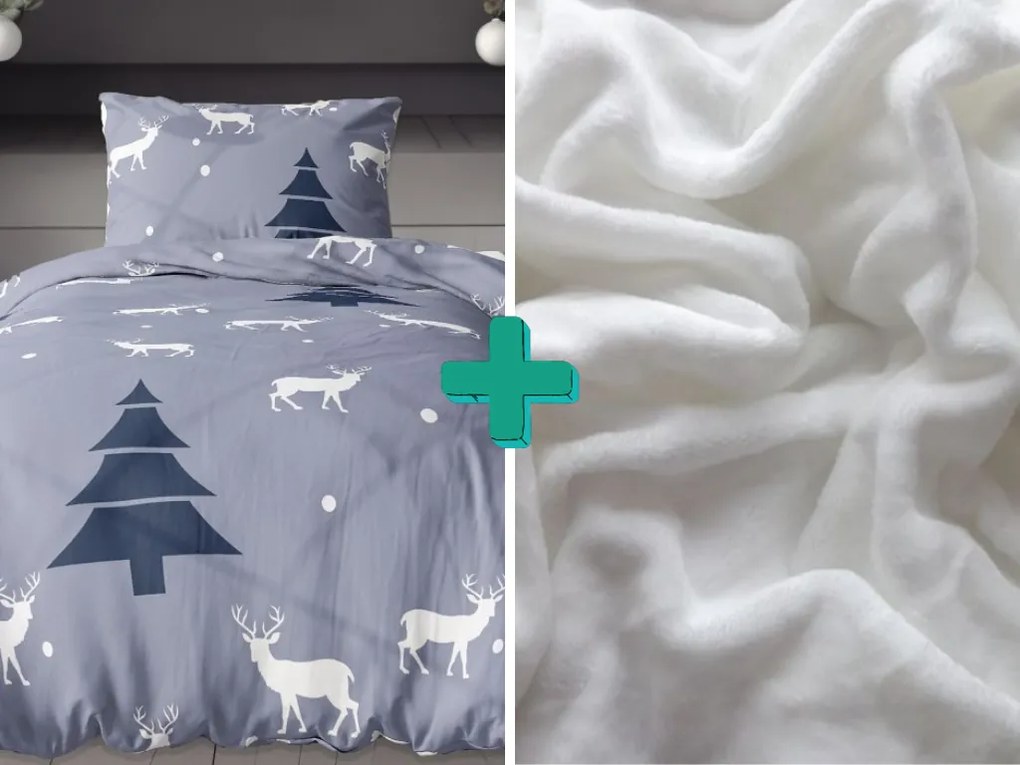 2x Lenjerie de pat flanel DEER AND TREE gri + cearsaf microplus SOFT 180x200 cm alb