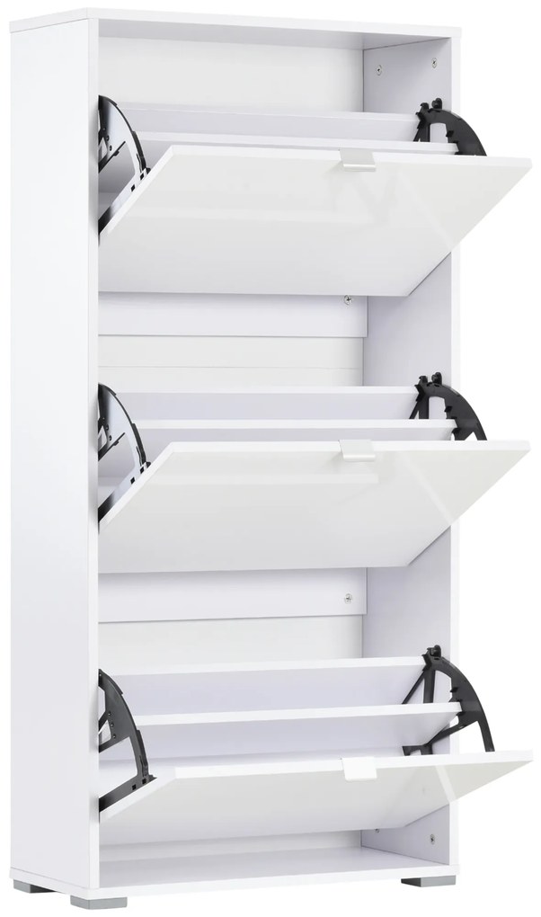 HOMCOM Dulap de Pantofi Dulap de pantofi cu 3 uși rabatabile 3 Compartimente din lemn 60L x 26l x 124Î cm Alb lucios | Aosom Romania