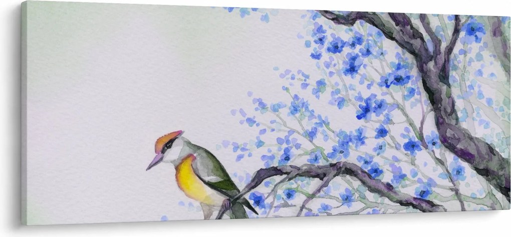 Tablou - Pasăre pe un copac cu flori albastre (120x50 cm)