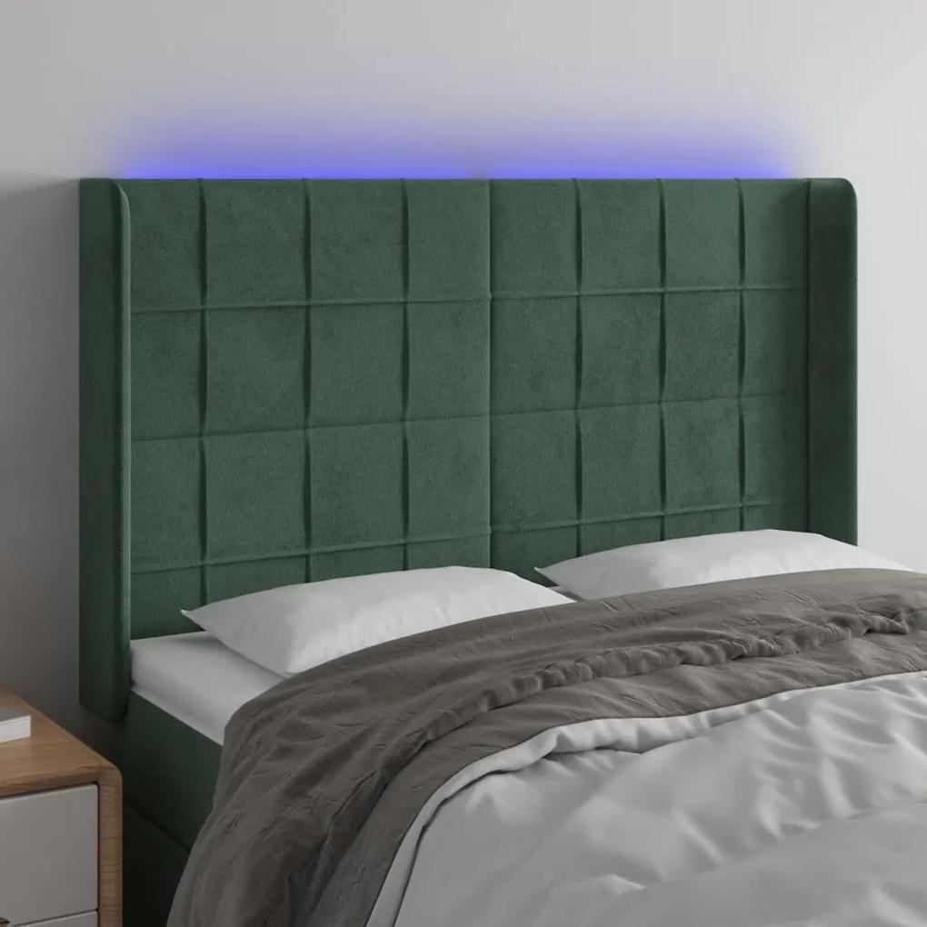 3124099 vidaXL Tăblie de pat cu LED, verde închis, 147x16x118/128 cm, catifea