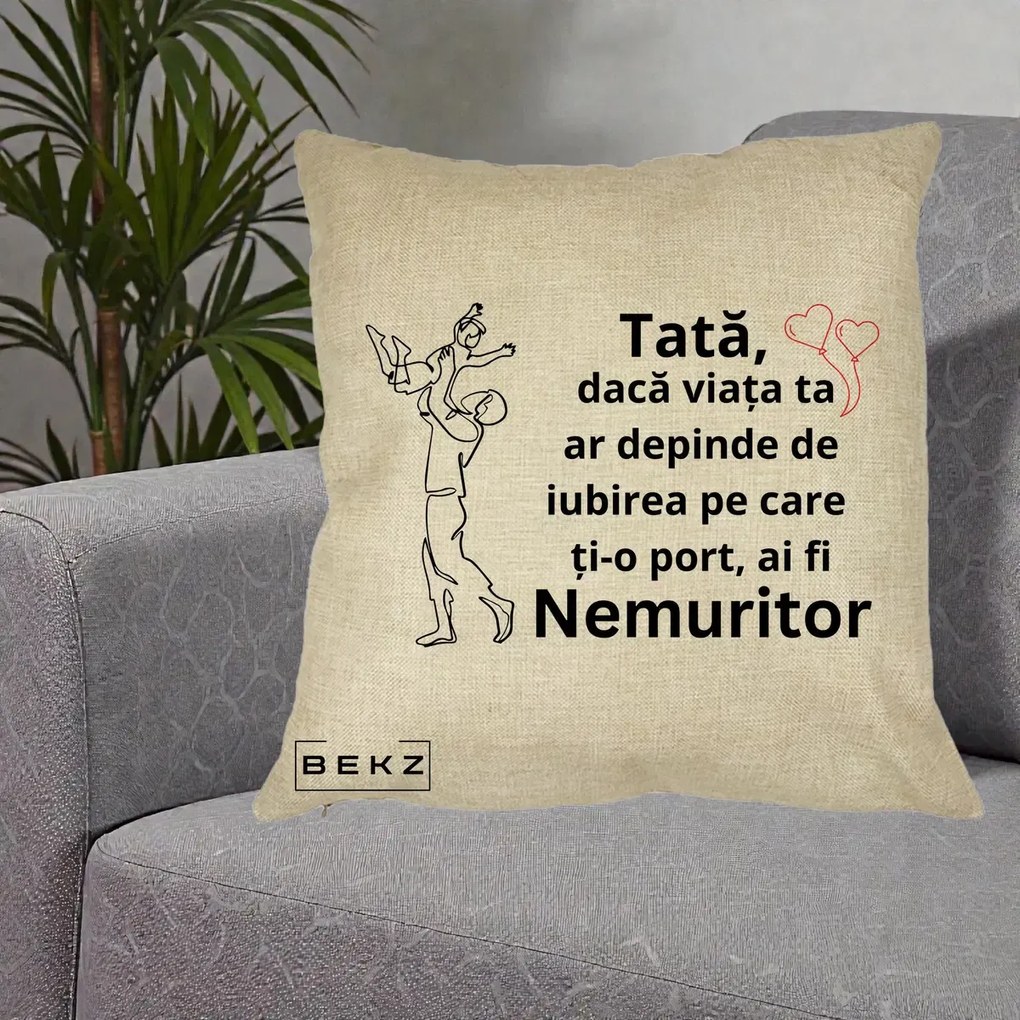 Cadou pentru Tata - Perna Personalizata Tata Nemuritor Joaca in Aer, 40x40 cm, Crem, Husa Detasabila, Perna Inclusa, BEKZ®