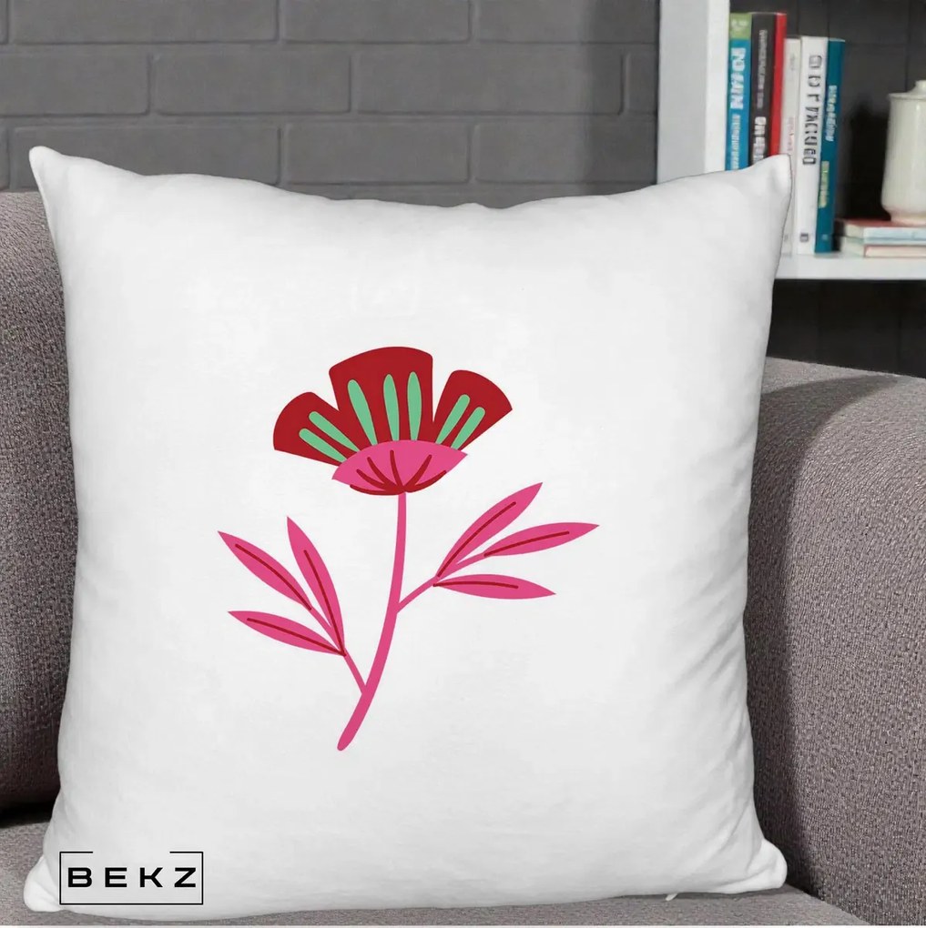 Perna Decorativa Floare Macul Roz-Rosu Grafic, 40x40 cm, Alb Pufos, Husa Detasabila, Perna Inclusa, BEKZ®