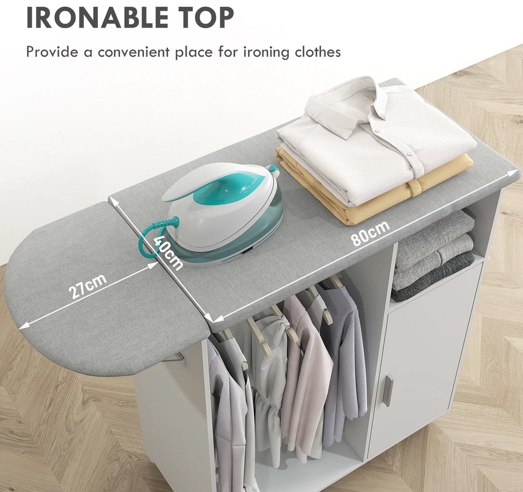 HOMCOM Dulap Multifuncțional cu Masă de Călcat | Blat din Tesatura Efect In | 3 Rafturi | Ghidaj pentru Agățat | 127x42.5x99 cm | Alb | Aosom Romania