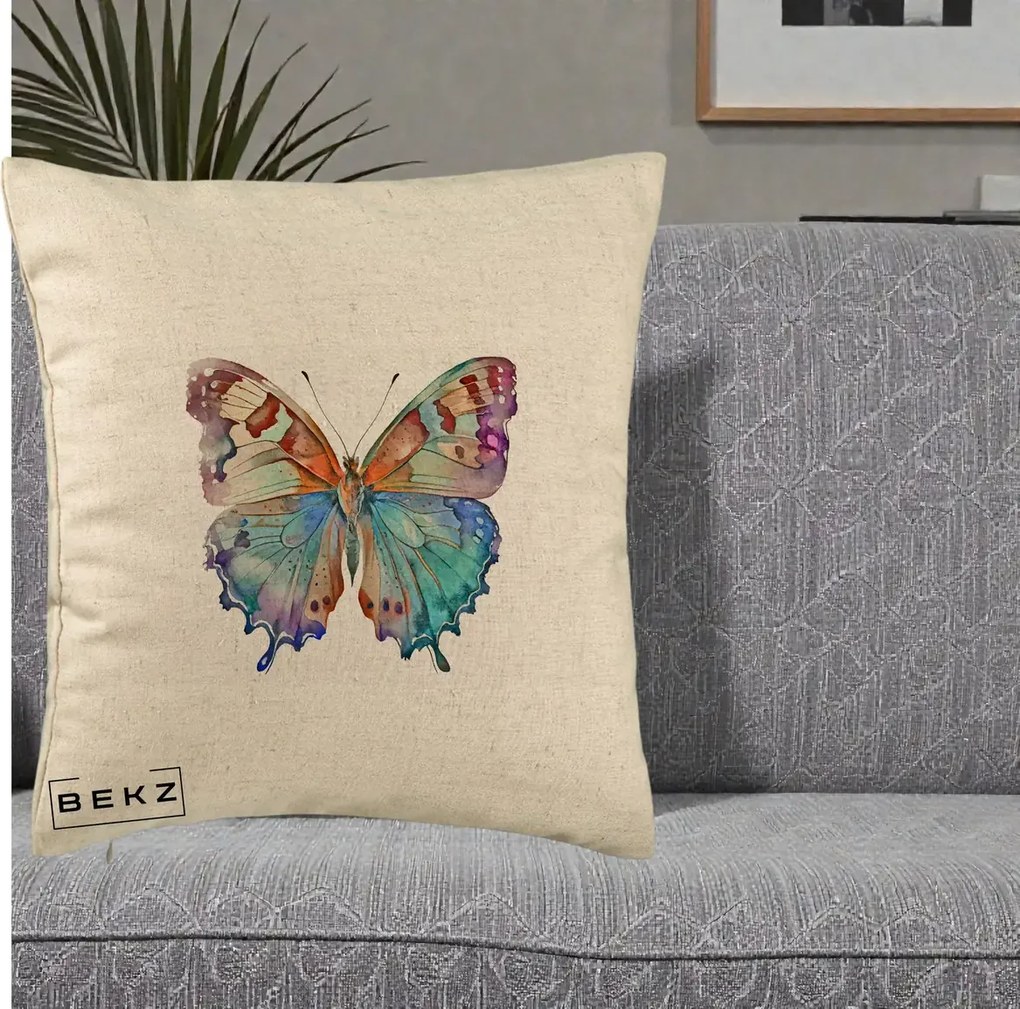 Perna decorativa Fluture Acuarela Multicolor Portocaliu-Bleu-Mov, 40x40 cm cu Umplutura, Bej, BEKZ