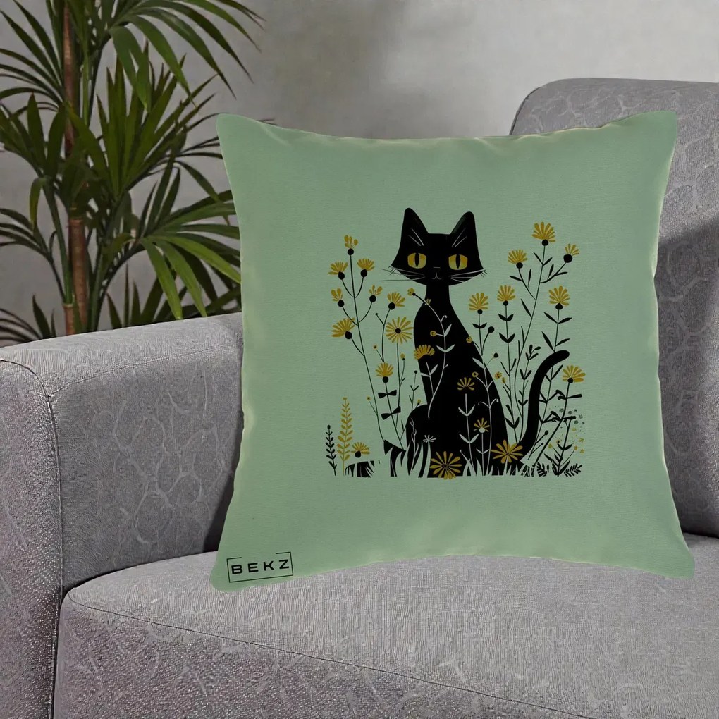 Perna Decorativa Pisica Neagra Ochi Galbeni Flori Galbene, 40x40 cm, Verde, Husa Detasabila, Perna Inclusa, BEKZ®