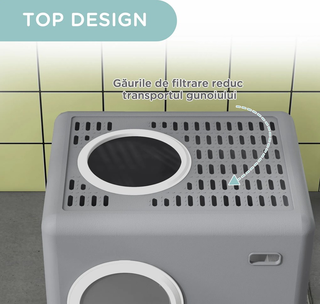 PawHut Litieră pentru Pisici cu Capac, Lopețică și Tăviță Detașabilă Gri | Aosom Romania