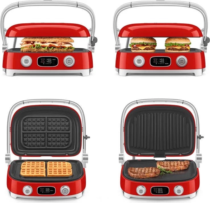 Grătar multifuncțional SMEG 50's Style MGF01RDEU, 2100 W, 60-230 °C, 3 programe, acoperire ceramică, tavă de scurgere, semnal sonor, cronometru, roșu