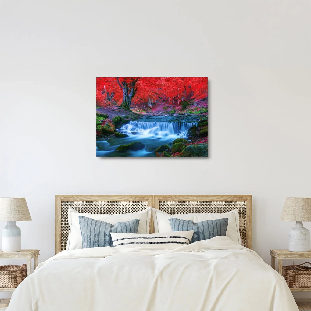 Tablou pe sticlă - Cascada în pădurea roșie (70x50 cm)