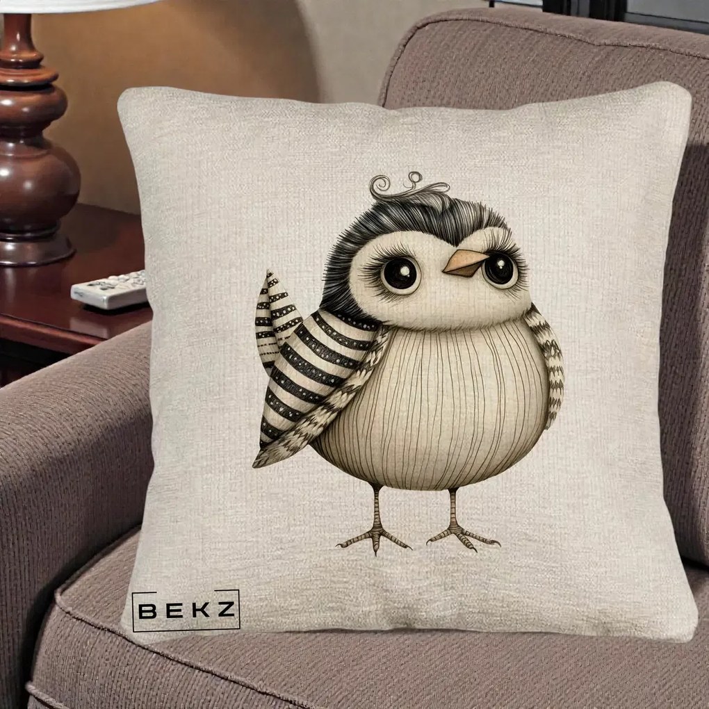 Perna Decorativa Pui Elegant Alb-Negru, 40x40 cm, Bej Canapea, Husa Detasabila, Perna Inclusa, BEKZ®