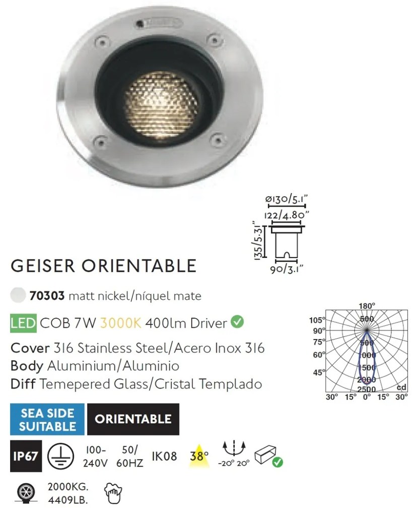 Spot LED orientabil / incastrabil de exterior pentru pavaj 13cm GEISER 7W