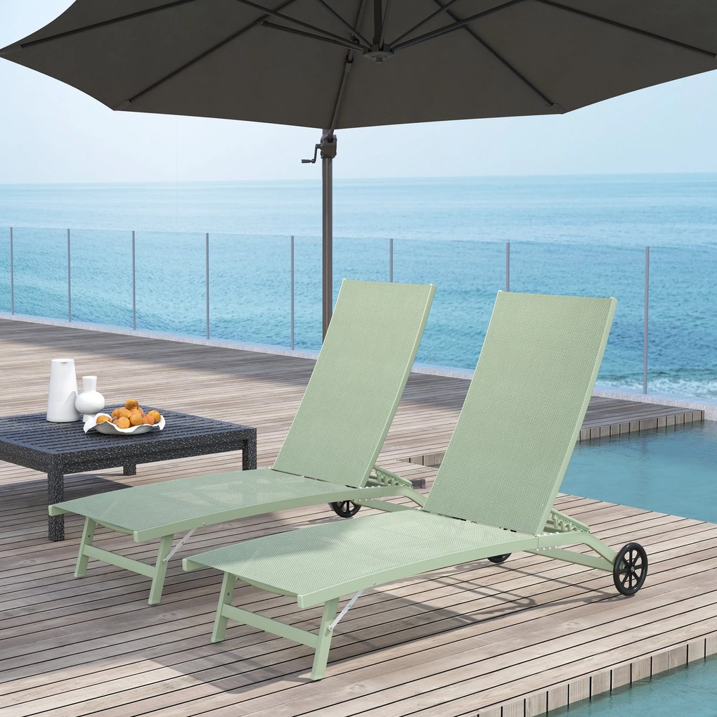 Outsunny Set de 2 șezlonguri din aluminiu și textilenă cu roți spătar rabatabil sarcină max. 150 Kg verde închis | Aosom Romania