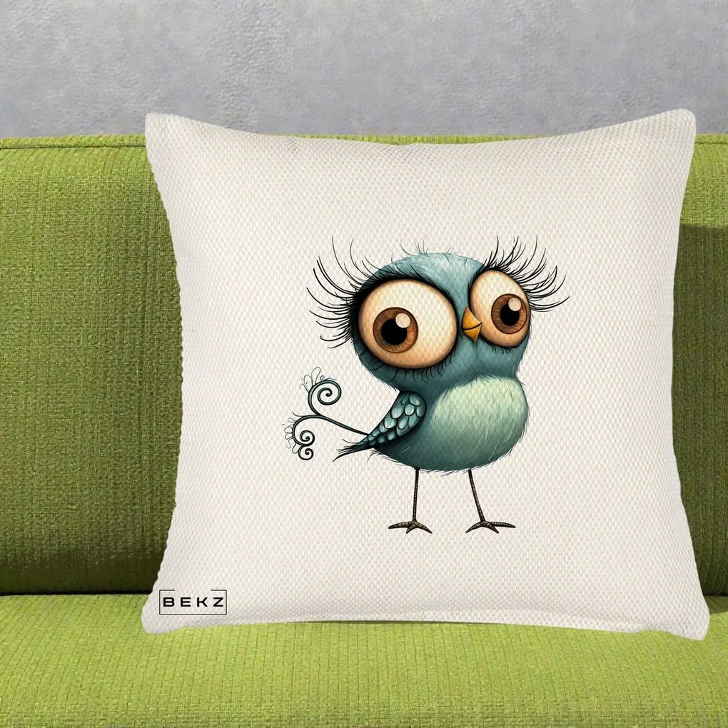 Perna Decorativa Pasare Teal cu Gene si Coada Spiralata, 40x40 cm, Crem Reliefat, Husa Detasabila, Perna Inclusa, BEKZ®