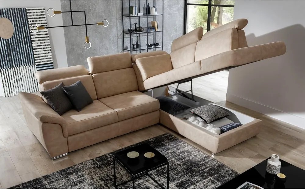 Colțar bej extensibil/cu spațiu de depozitare cu tapițerie din catifea (cu colț pe partea dreaptă/în formă de ”L”) Loreto – ELTAP