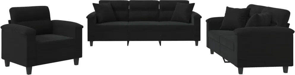 vidaXL Set de canapele cu perne, 3 piese, negru, microfibră