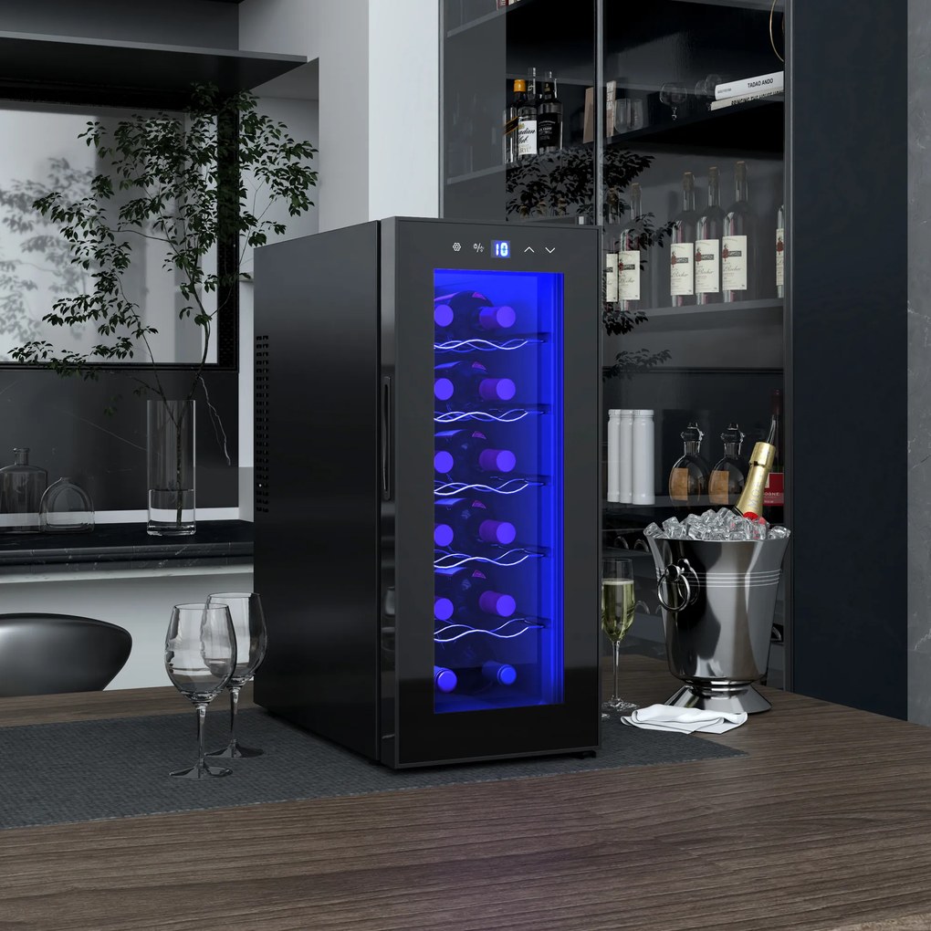 HOMCOM Frigider Termoelectric Dublu pentru 12 Sticle de Vin cu Ușă de Sticlă și Lumină LED, 26,5x51,5x65 cm, Negru | Aosom Romania