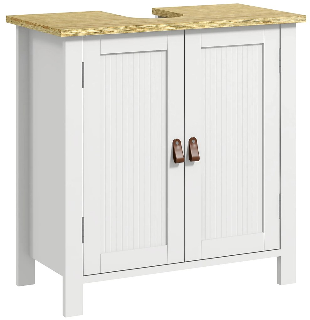 kleankin Mobilier sub-lavabo 2 usi raft reglabil 2 etaje interioare manere din PU 60 x 30 x 60 cm alb | Aosom Romania