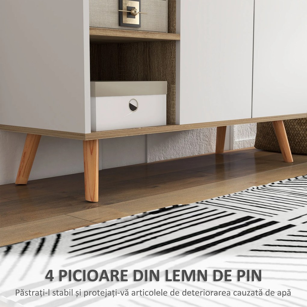 HOMCOM Bufet de Depozitare Modern cu Sertar, Usi cu Inchidere cu Amortizare, 3 Compartimente Deschise si Rafturi Reglabile, Dulap de Bucatarie Alb