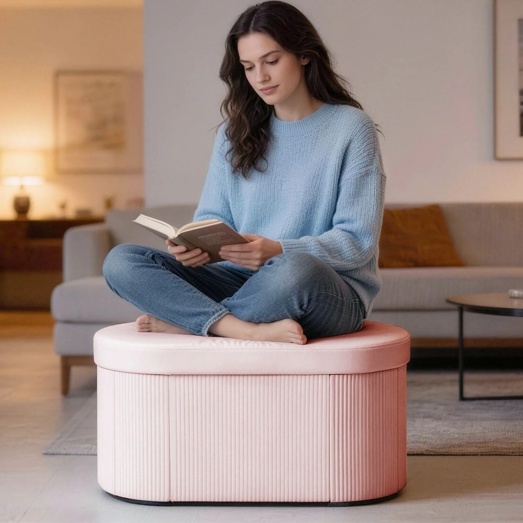 HOMCOM Pouf pliabil cu spațiu de depozitare modern, tapițat cu catifea, 72L, pentru living și dormitor, 76x38x35 cm, Roz | Aosom Romania