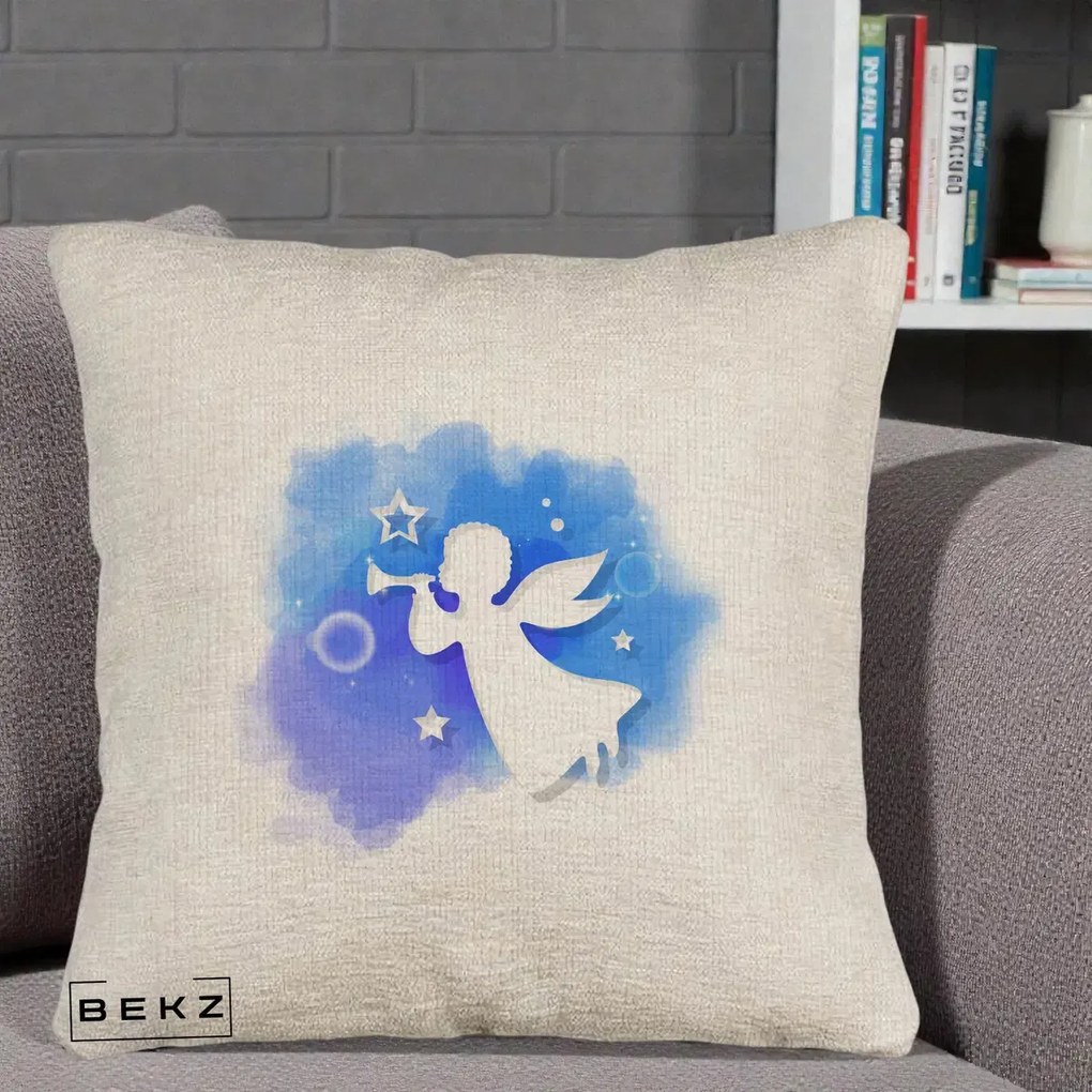 Perna Decorativa Inger cu Trompeta Albastru, 40x40 cm, Bej Canapea, Husa Detasabila, Perna Inclusa, BEKZ®
