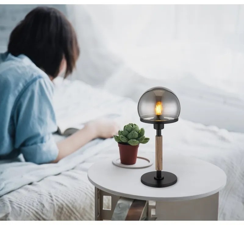 Veioza/Lampa de masa design modern HAKU negru/lemn/fumuriu