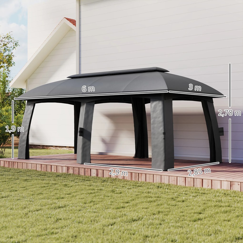 Outsunny Pavilion, Cort de petreceri, cu plase anti-insecte, plafon rezistent la vânt, pentru până la 15 persoane, gri închis, 3 x 6 x 3 m | Aosom Romania