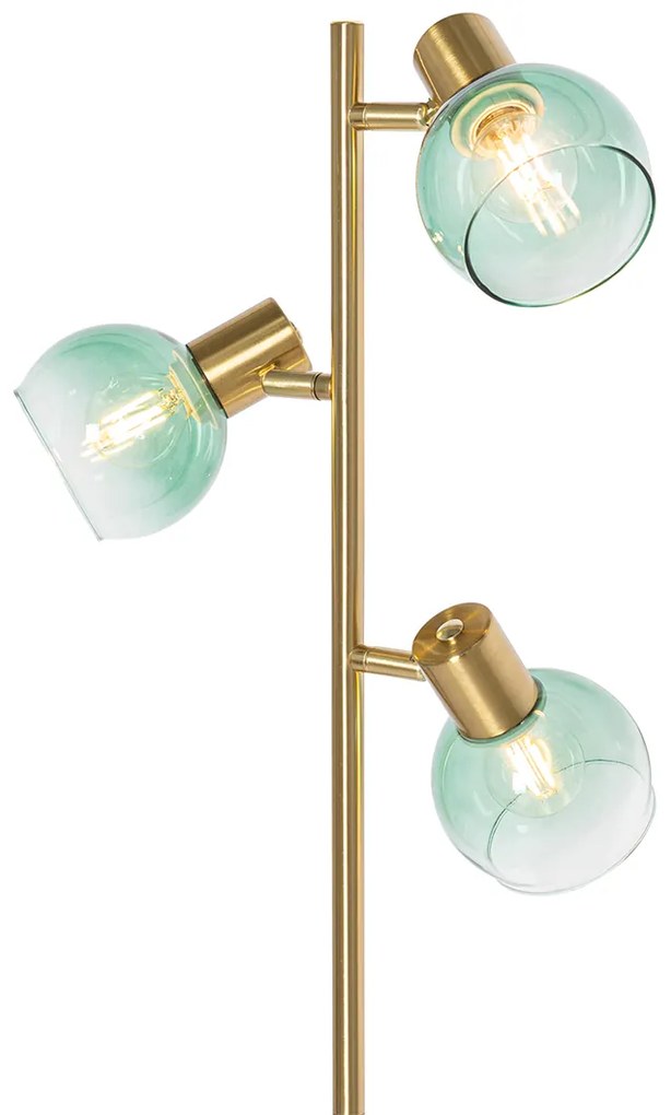 Lampa de podea Art Deco aurie cu sticlă verde cu 3 lumini - Vidro